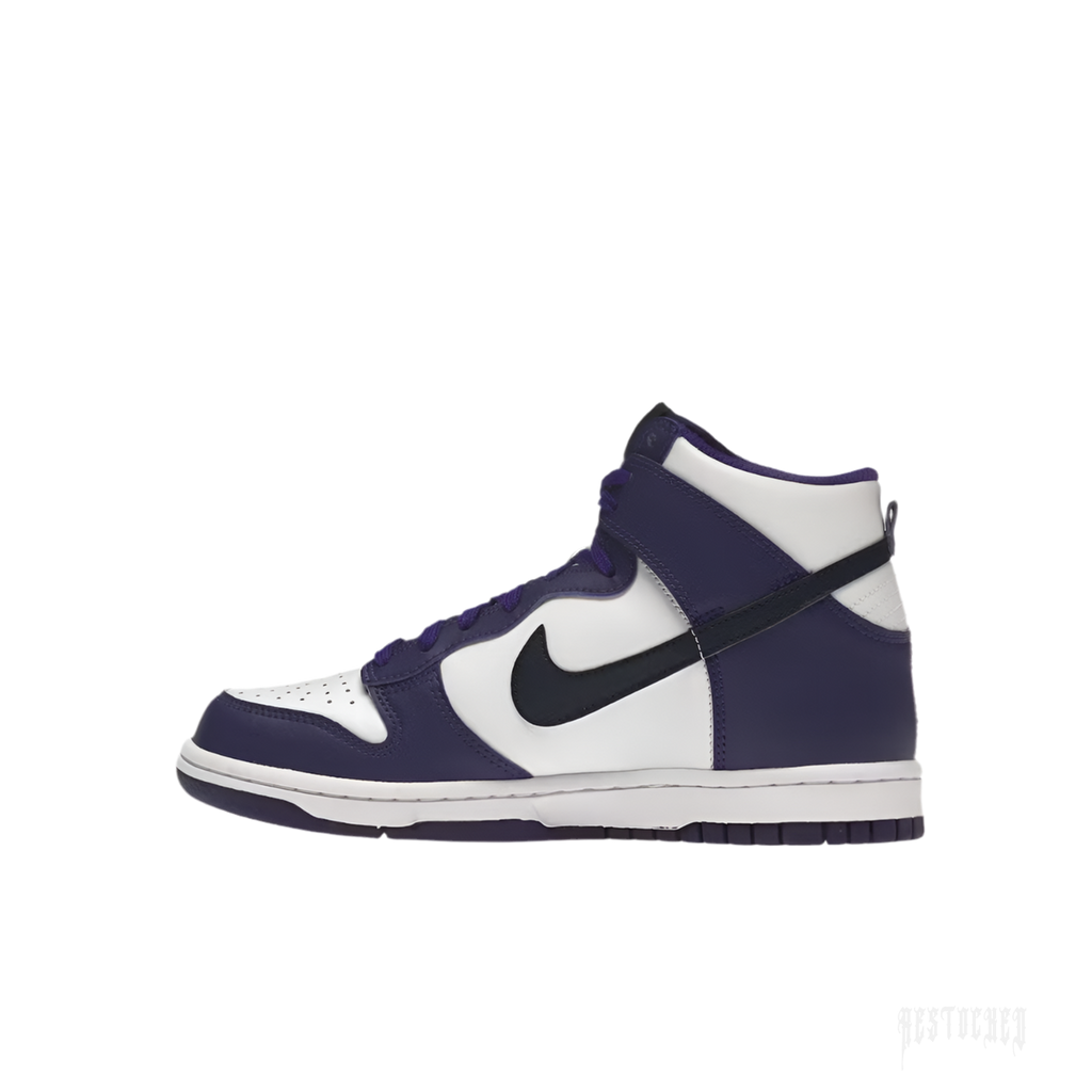 NIKE DUNK HIGH ELECTRO PURPLE MIDNIGHT NAVY (GS) sneaker with white leather base, purple overlays, and black swoosh.