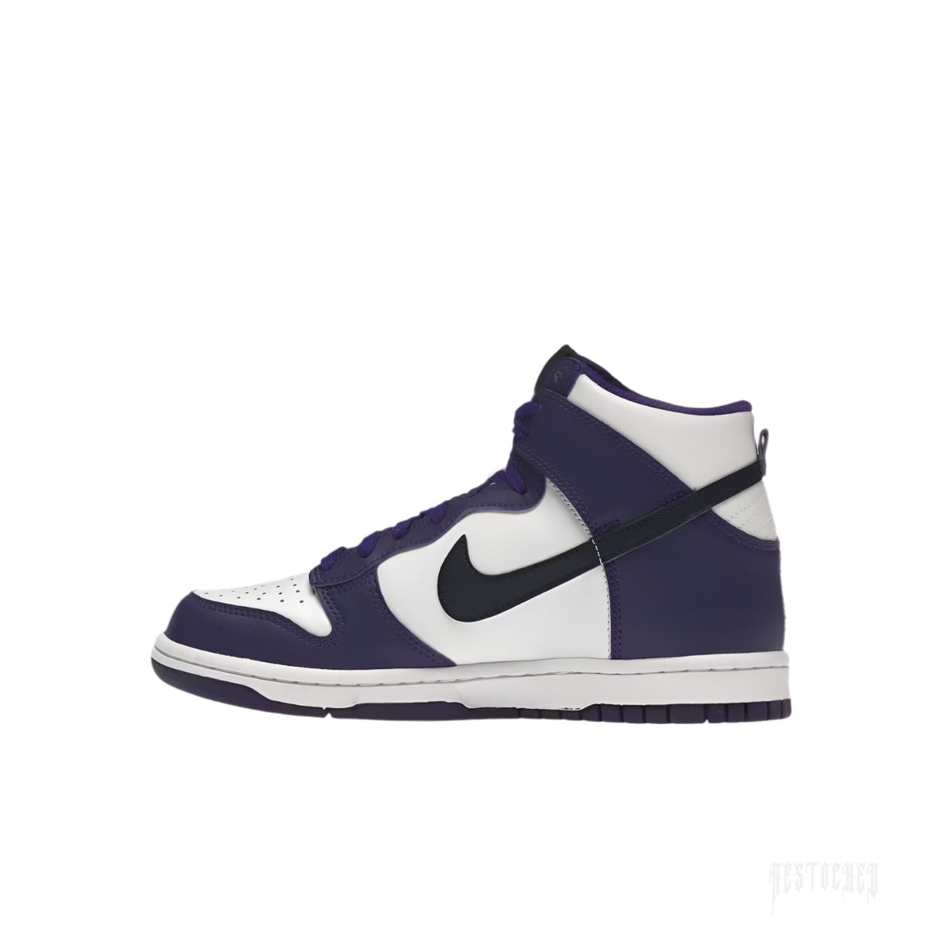 NIKE DUNK HIGH ELECTRO PURPLE MIDNIGHT NAVY (GS) sneaker with white leather base, purple overlays, and black swoosh.