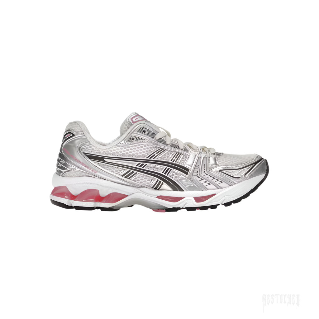 ASICS GEL-KAYANO 14 CREAM SWEET PINK running shoe with silver overlays and pink GEL cushioning.