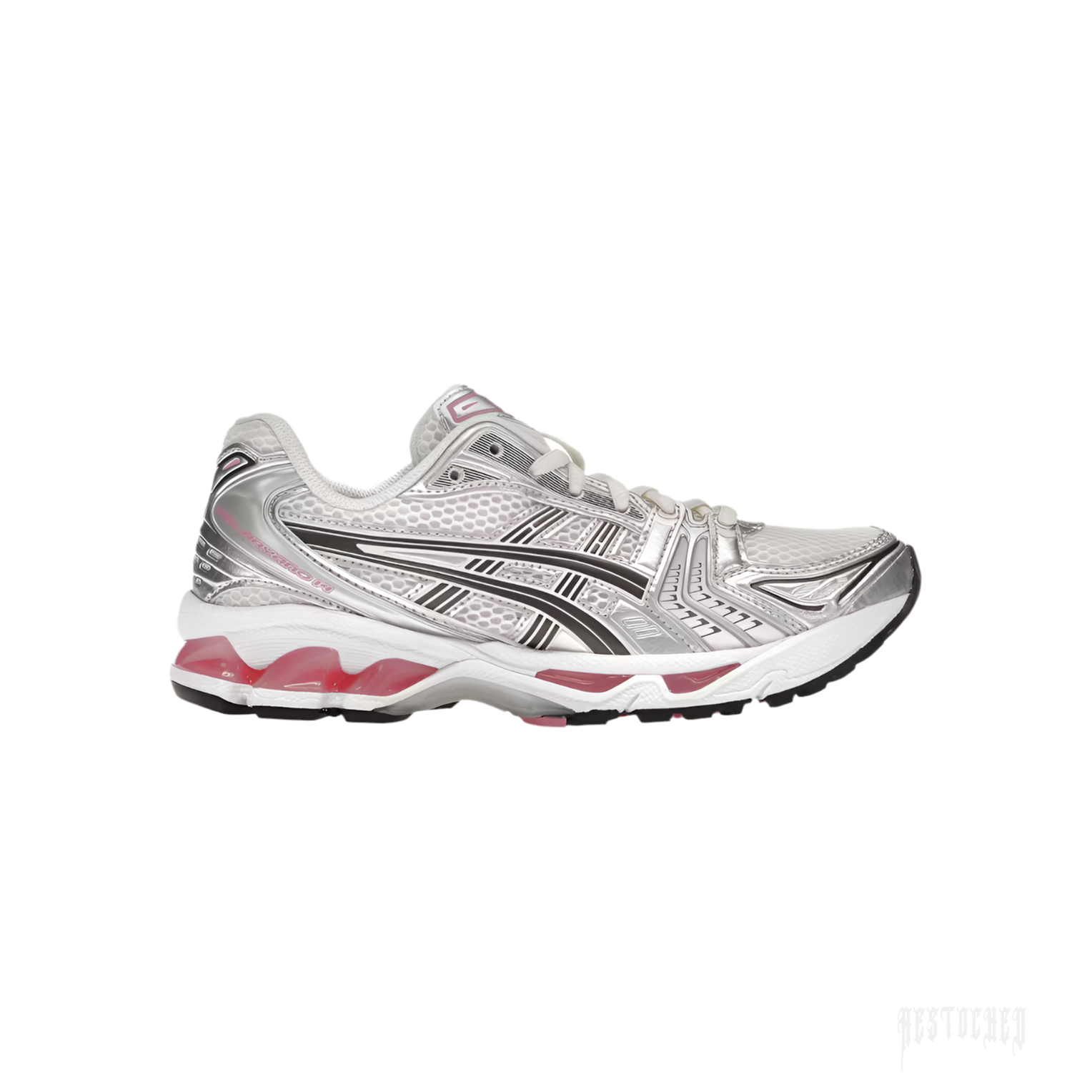 ASICS GEL-KAYANO 14 CREAM SWEET PINK running shoe with silver overlays and pink GEL cushioning.