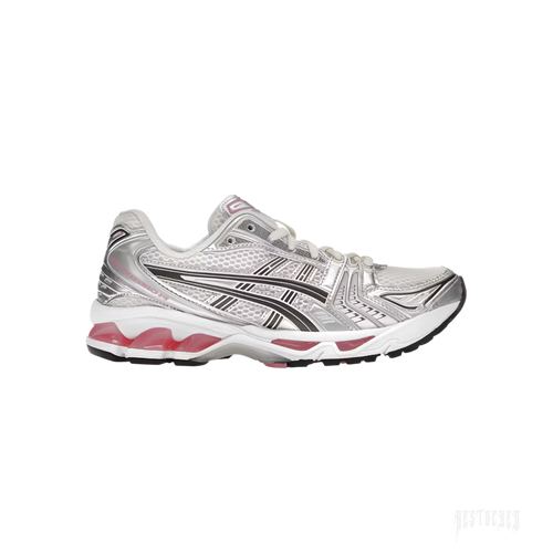 ASICS GEL-KAYANO 14 CREAM SWEET PINK running shoe with silver overlays and pink GEL cushioning.