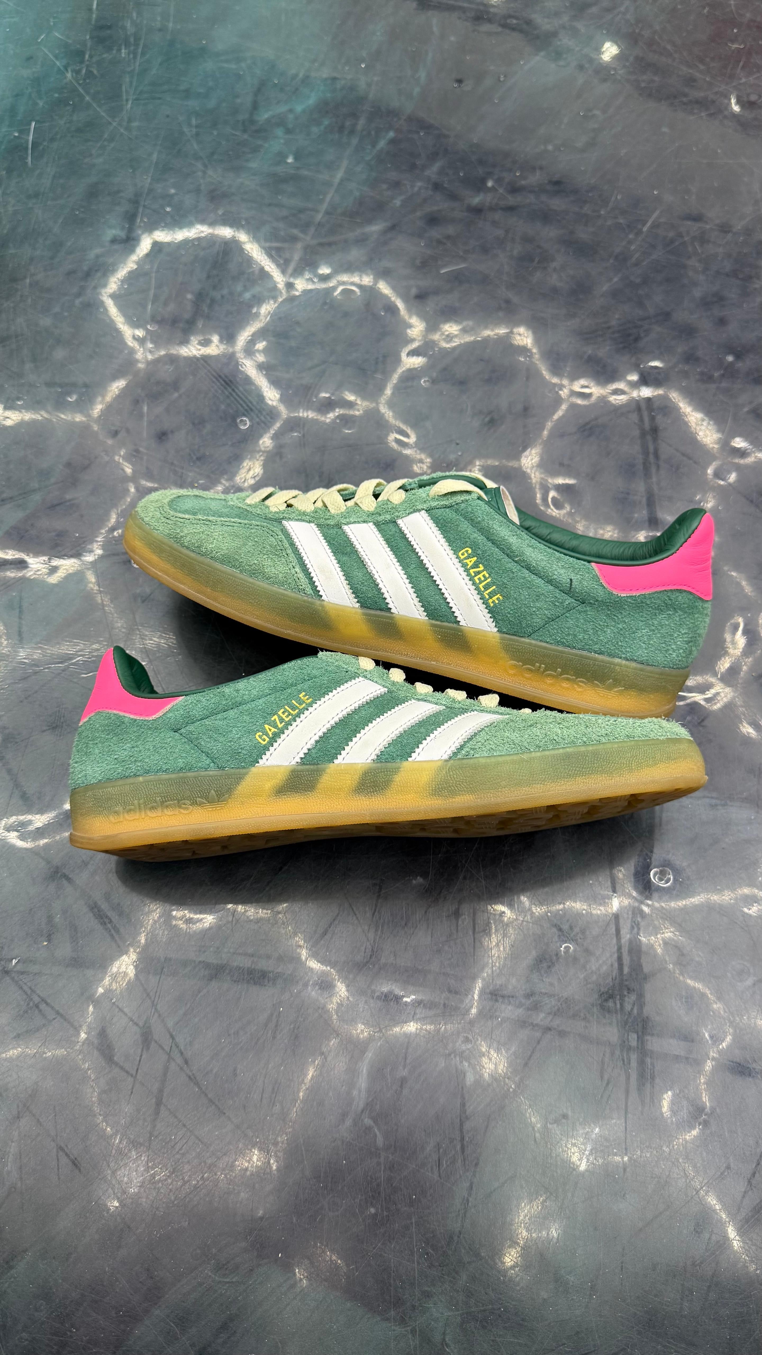 ADIDAS GAZELLE INDOOR COLLEGIATE GREEN LUCID PINK PRE OWNED SIZE 10W 8.5M