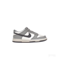 NIKE DUNK LOW PLATINUM TINT LIGHT CARBON (GS) sneaker with white base, grey overlays, and dark carbon swoosh.