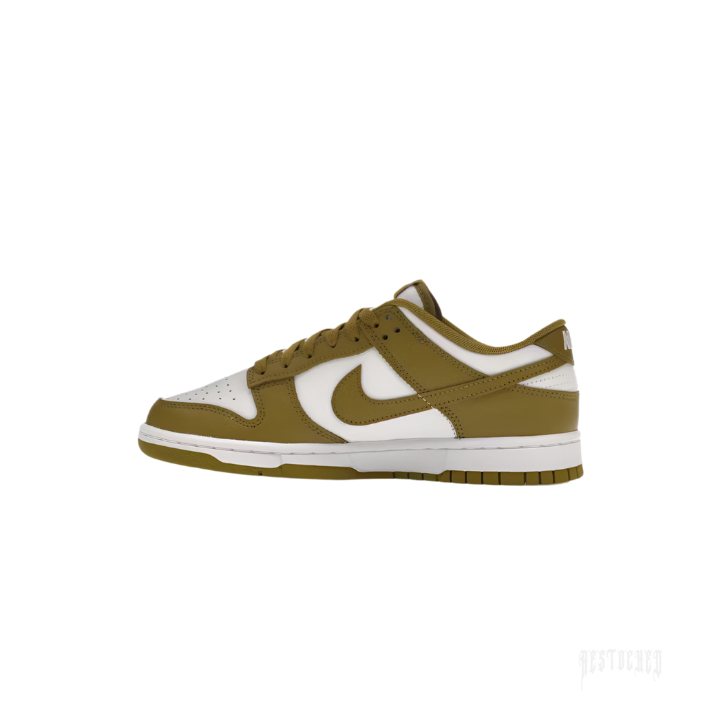 NIKE DUNK LOW RETRO PACIFIC MOSS sneaker in olive green and white leather, side view.