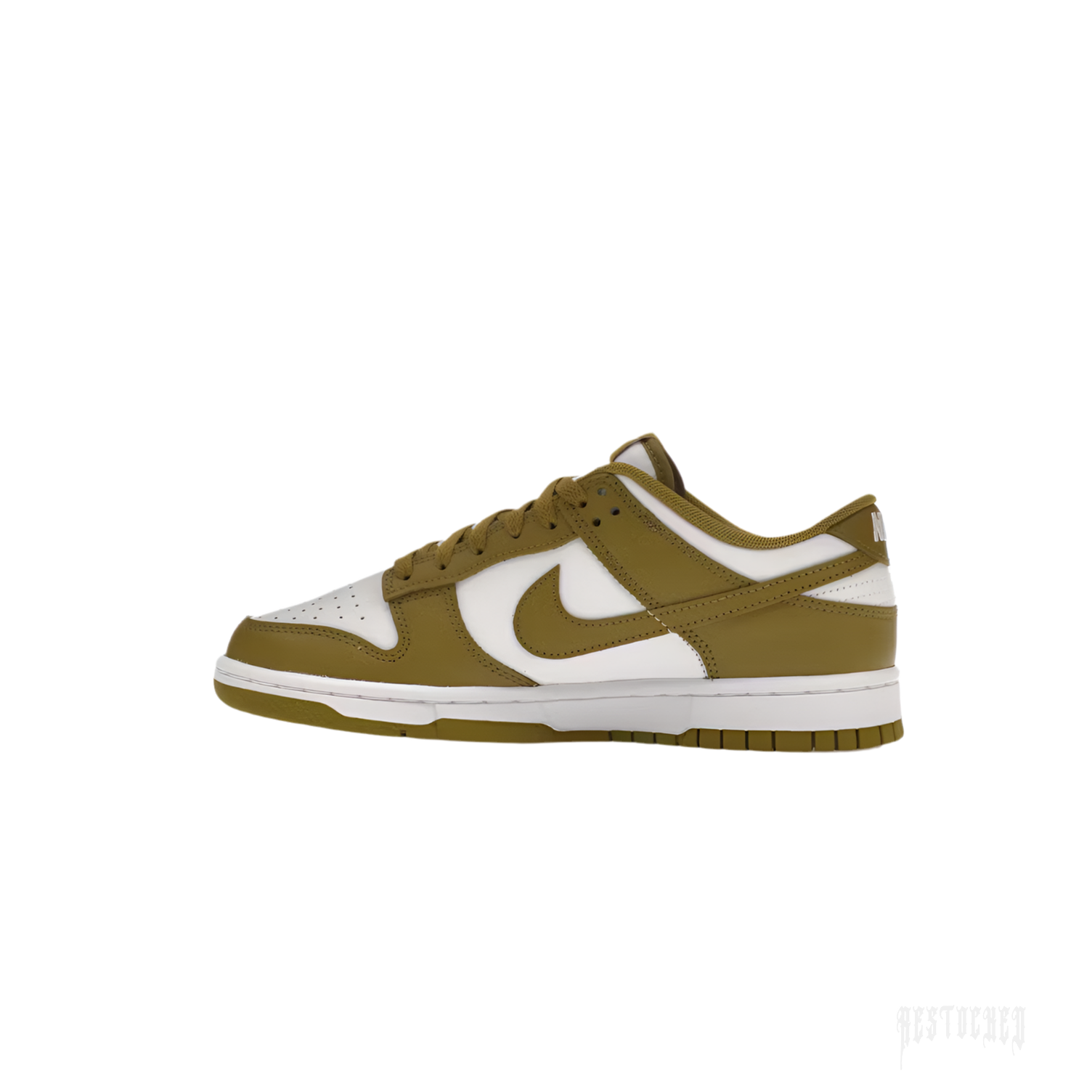 NIKE DUNK LOW RETRO PACIFIC MOSS sneaker in olive green and white leather, side view.
