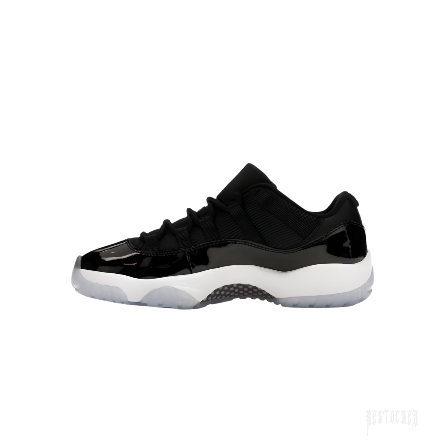 Jordan 11 Retro Low Space Jam sneaker, black patent leather and mesh upper, white midsole, icy blue outsole.