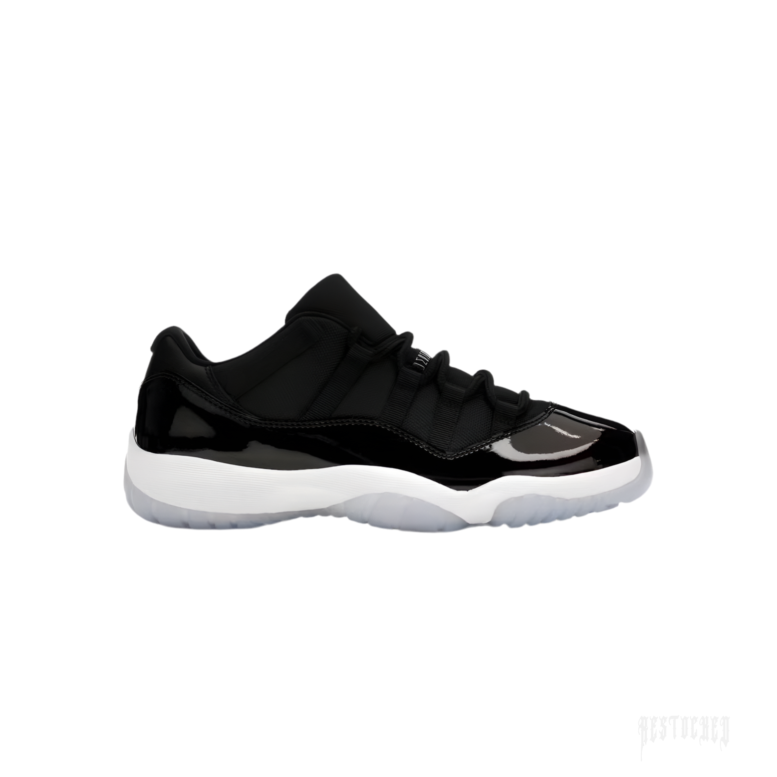JORDAN 11 RETRO LOW SPACE JAM sneaker, black patent leather and mesh upper, white midsole, icy translucent outsole.