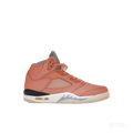 JORDAN 5 RETRO DJ KHALED WE THE BEST CRIMSON BLISS sneaker, featuring a vibrant peach leather upper with gray and white accents.