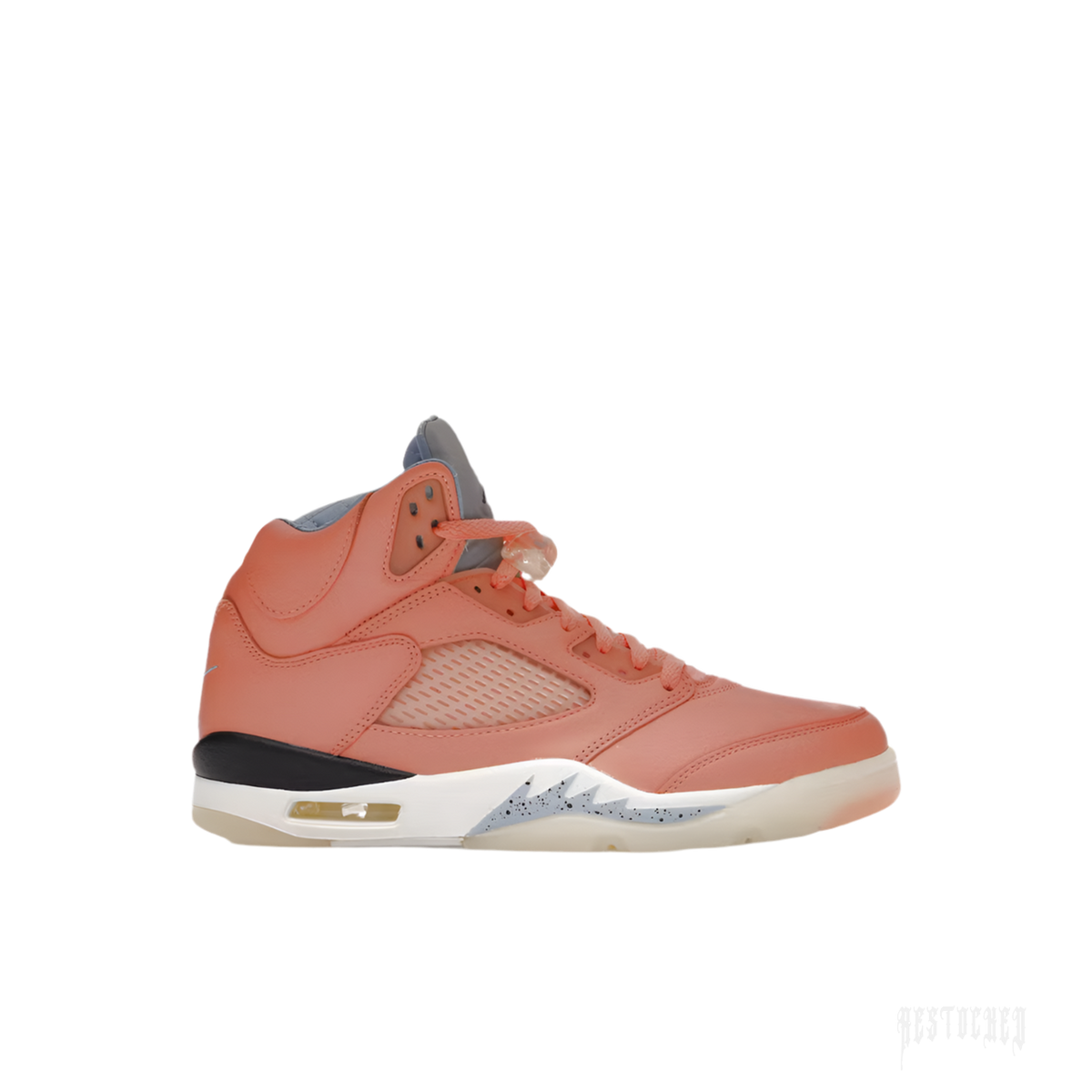 JORDAN 5 RETRO DJ KHALED WE THE BEST CRIMSON BLISS sneaker, featuring a vibrant peach leather upper with gray and white accents.