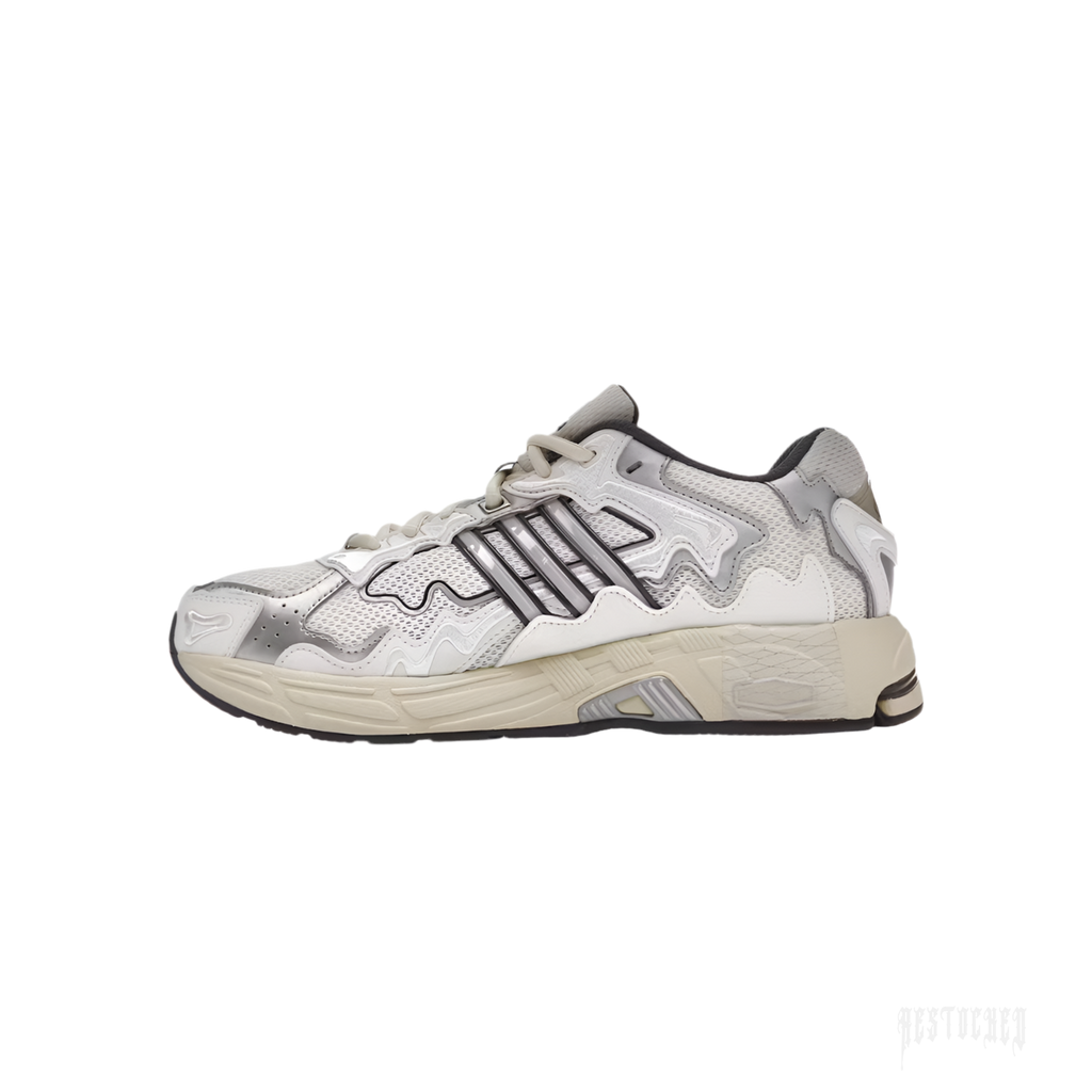Bad Bunny x adidas Response CL 'Cream White' sneaker with white mesh, melted leather overlays, and black stripes.