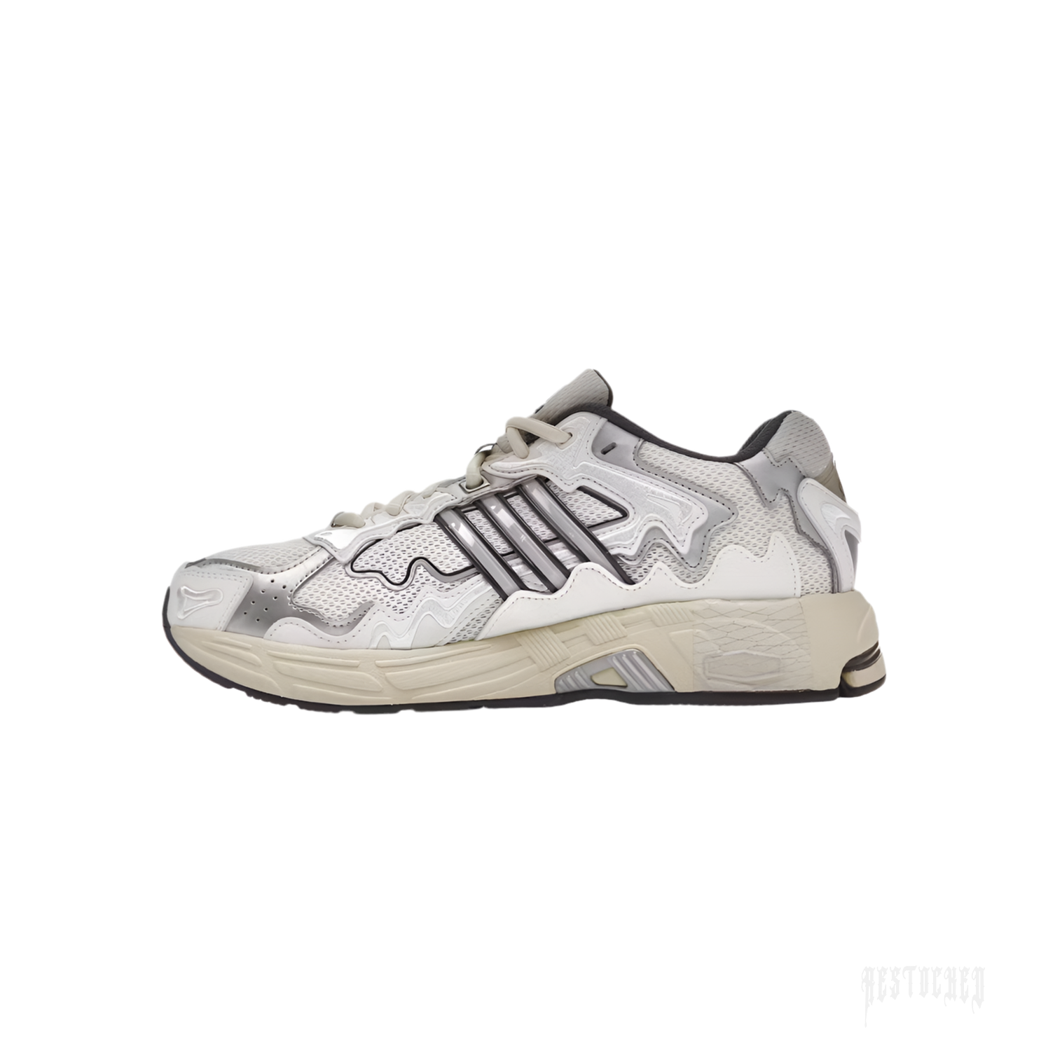 Bad Bunny x adidas Response CL 'Cream White' sneaker with white mesh, melted leather overlays, and black stripes.
