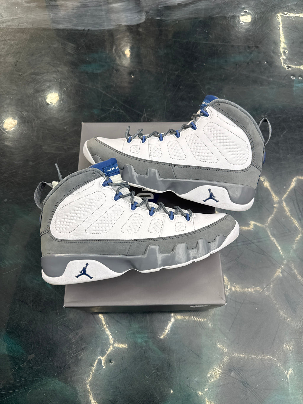 JORDAN 9 RETRO FLINT GREY FRENCH BLUE PRE OWNED SIZE 11