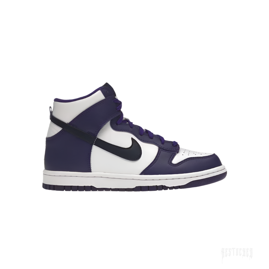 NIKE DUNK HIGH ELECTRO PURPLE MIDNIGHT NAVY (GS) sneaker with white leather base, purple overlays, and navy swoosh.