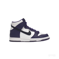 NIKE DUNK HIGH ELECTRO PURPLE MIDNIGHT NAVY (GS) sneaker with white leather base, purple overlays, and navy swoosh.