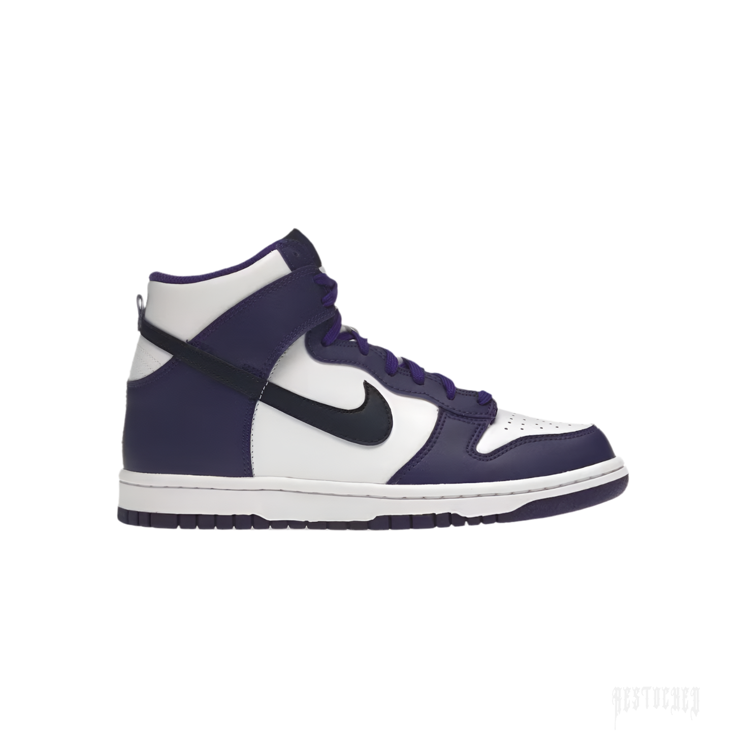 NIKE DUNK HIGH ELECTRO PURPLE MIDNIGHT NAVY (GS) sneaker with white leather base, purple overlays, and navy swoosh.