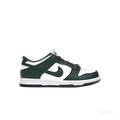 NIKE DUNK LOW MICHIGAN STATE (GS) sneaker with a two-tone green and white leather upper, white Nike swoosh, and black sole.