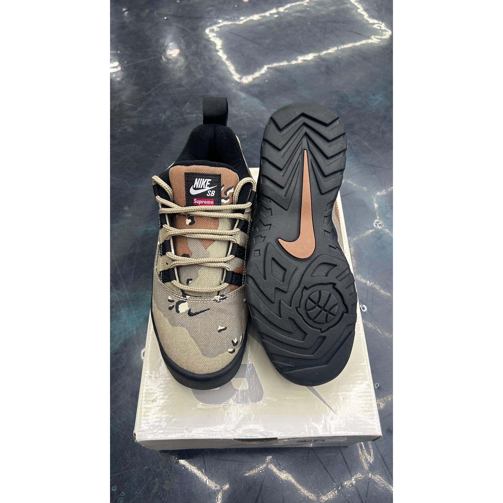 NIKE SB DARWIN LOW SUPREME DESERT CAMO PRE OWNED SIZE 7.5 – RESTOCKED