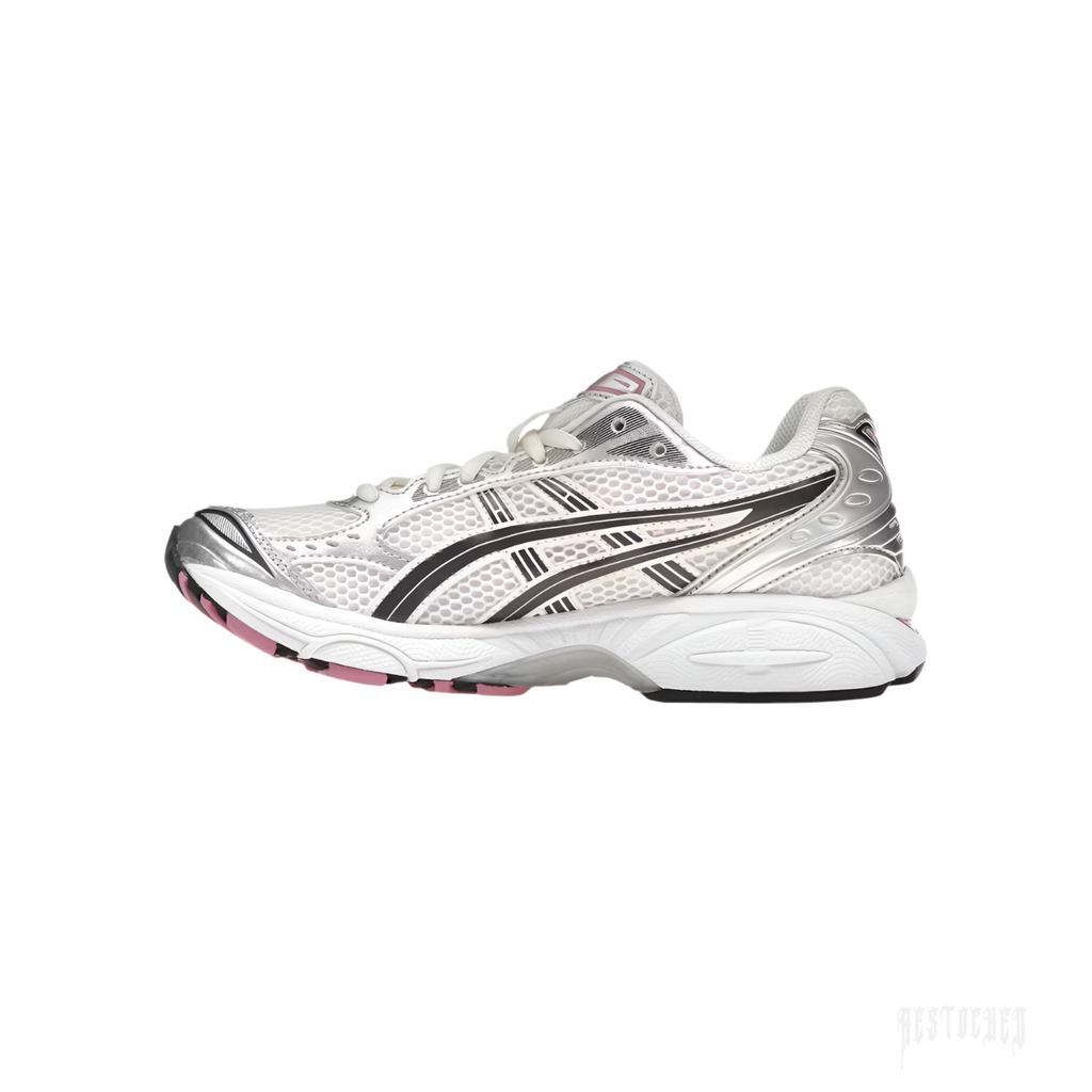 ASICS GEL-KAYANO 14 sneaker in cream mesh with metallic silver overlays, black stripes, and sweet pink sole accents.