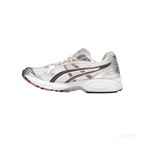 ASICS GEL-KAYANO 14 sneaker in cream mesh with metallic silver overlays, black stripes, and sweet pink sole accents.