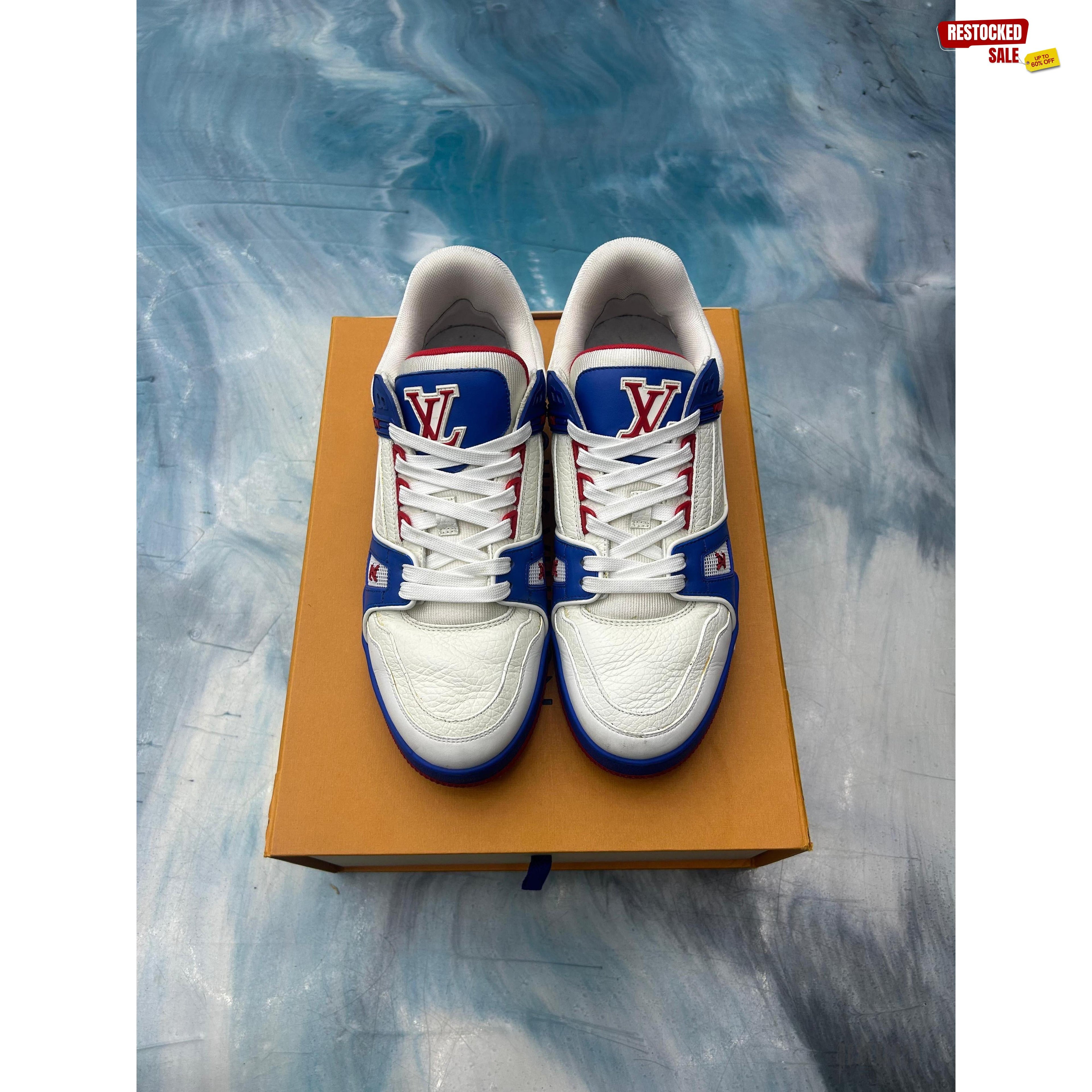 LOUIS VUITTON TRAINER RED WHITE BLUE PRE OWNED SIZE 7LV 8.5US