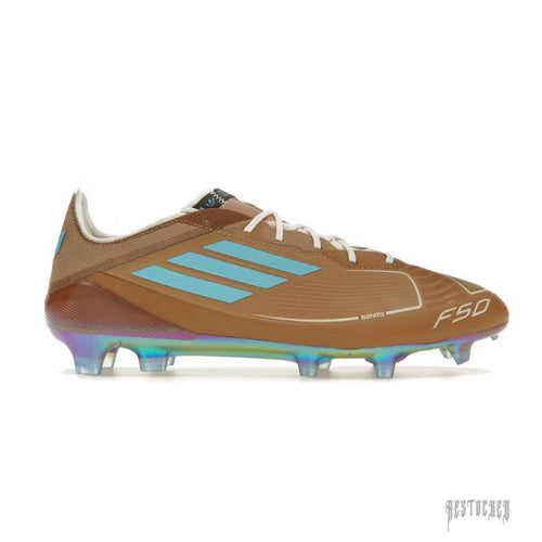 Adidas Adizero F50 Elite FG soccer cleat in brown with light blue stripes and iridescent firm ground sole.