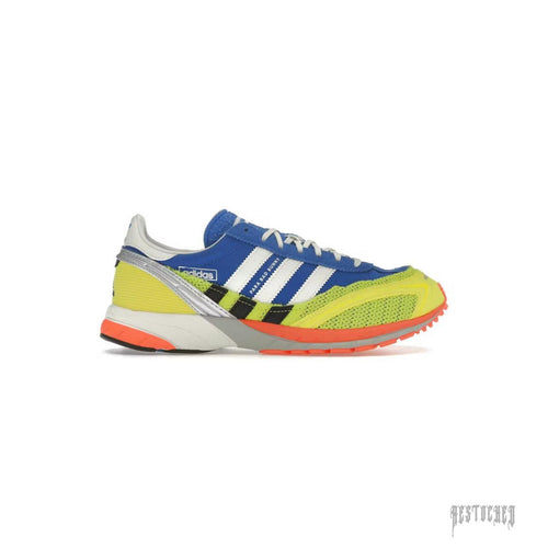 Adidas Adizero SL 72 Bad Bunny Blue sneaker with blue suede, neon yellow mesh, silver accents, and orange sole.