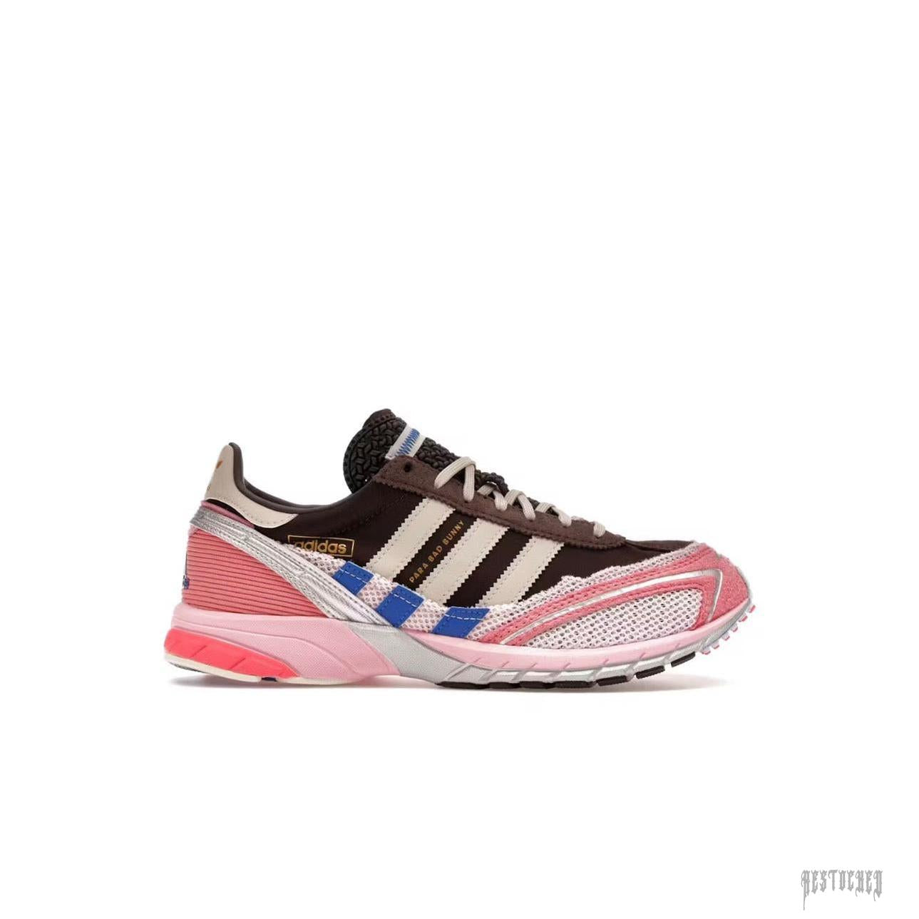ADIDAS ADIZERO SL 72 Bad Bunny Brown Clear Pink sneaker with metallic silver accents and blue stripes.