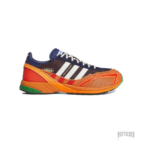 Bad Bunny x adidas Adizero SL 72 "Maroon" sneaker, featuring a navy, orange, and maroon upper with white stripes.