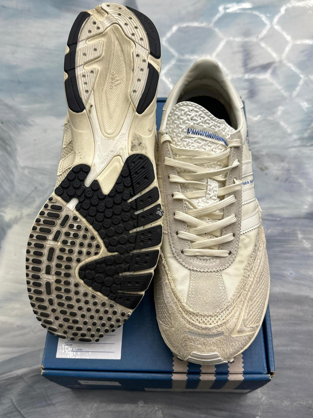Pre-owned ADIDAS ADIZERO SL 72 Bad Bunny Off White sneakers, size 9.5, showing cream uppers and black outsoles.