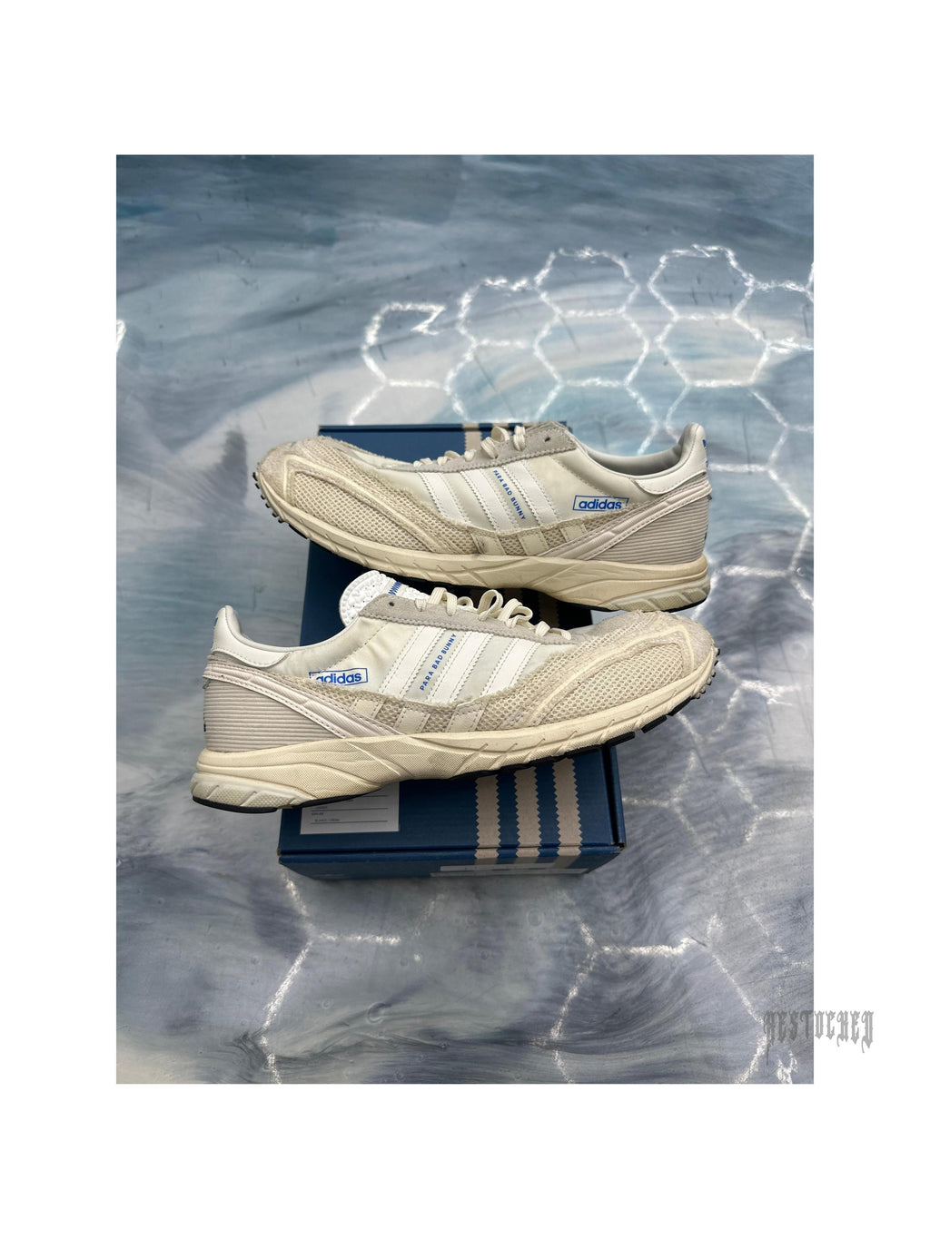 Pre-owned Adidas Adizero SL 72 Bad Bunny Off White sneakers, size 9.5, with mesh and leather accents.