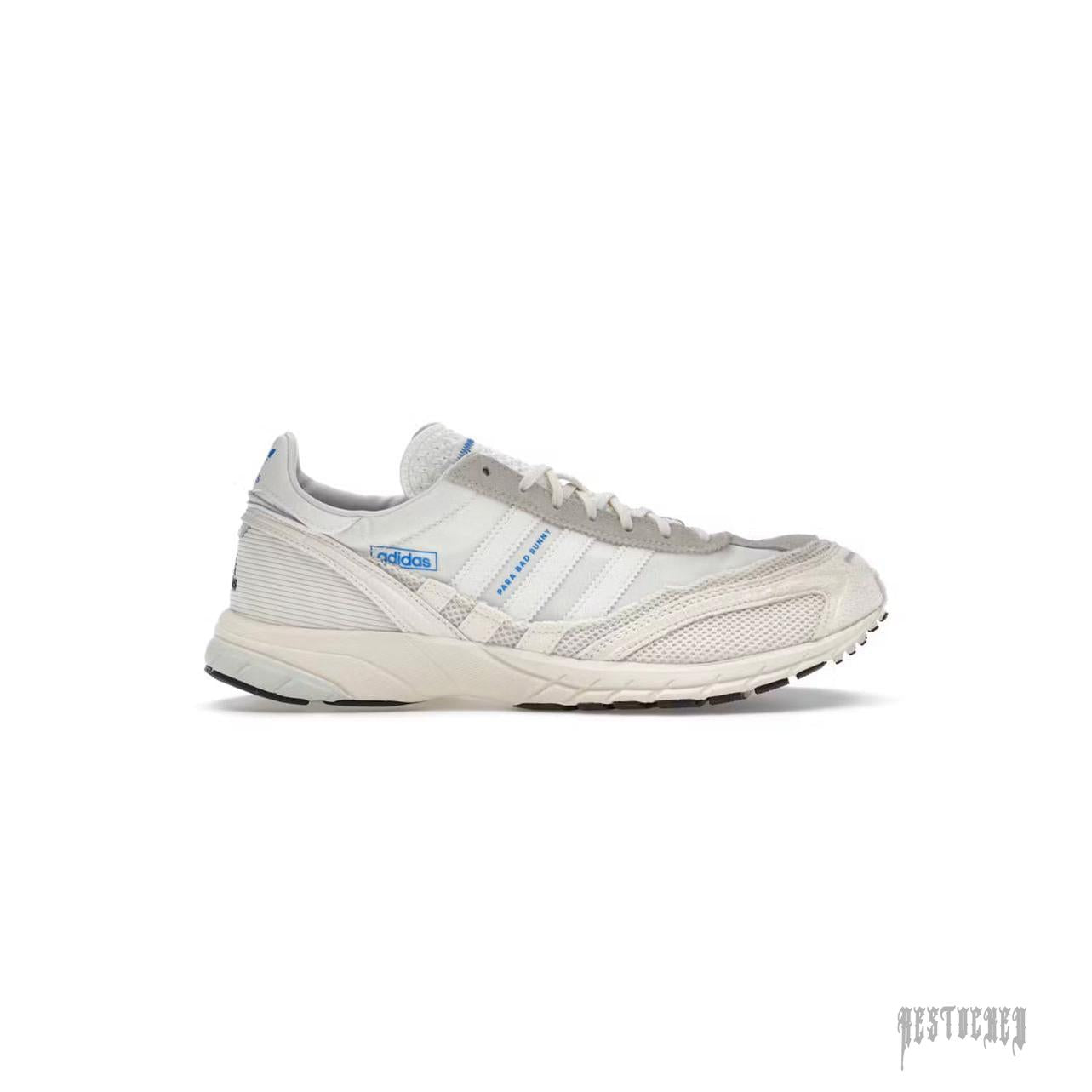 Adidas Adizero SL 72 Bad Bunny Off White sneaker, light cream mesh and suede, blue accents.