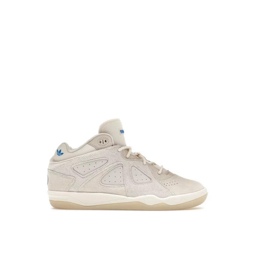 ADIDAS BAD BO 1.0 Bad Bunny Resilience sneaker in off-white suede and leather with blue accents.