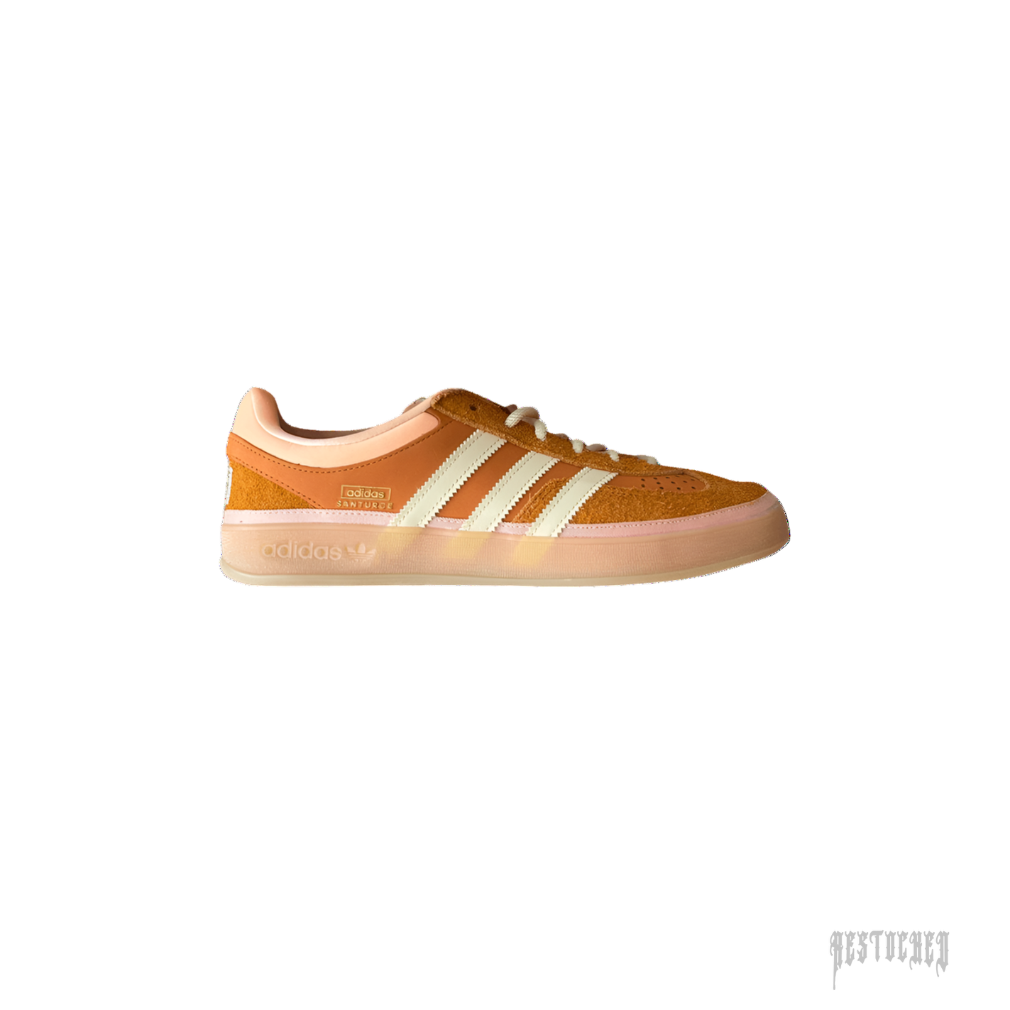Adidas Bad Bunny Gazelle Indoor "Santurce" sneaker, featuring an orange suede upper, cream stripes, and a pink translucent sole.