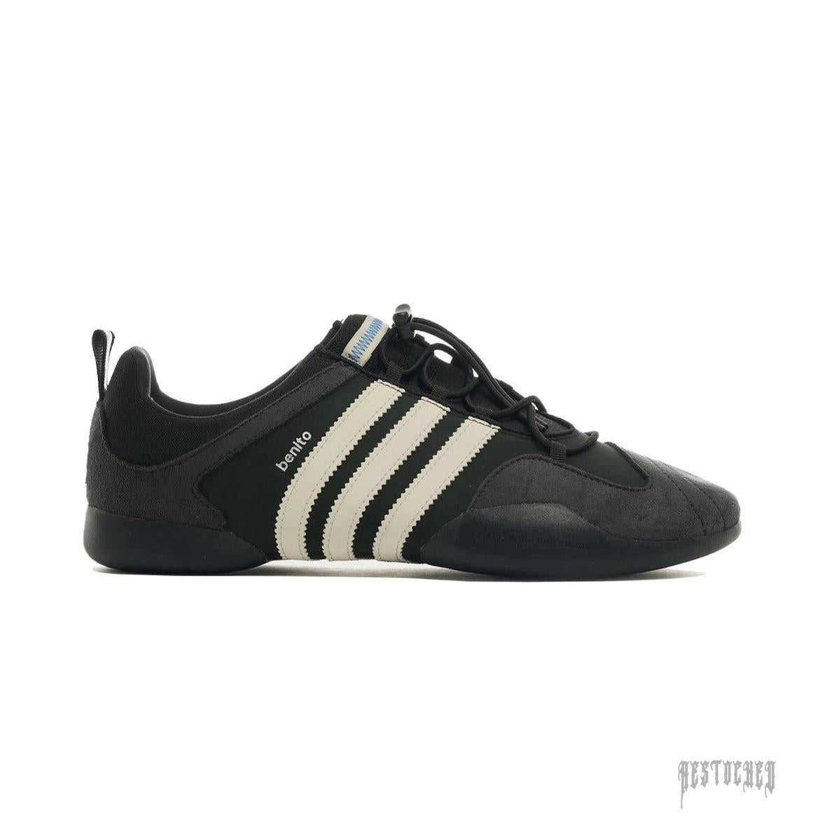 Adidas Bad Bunny Ballerina Black Chalk sneaker with white stripes and "benito" text.