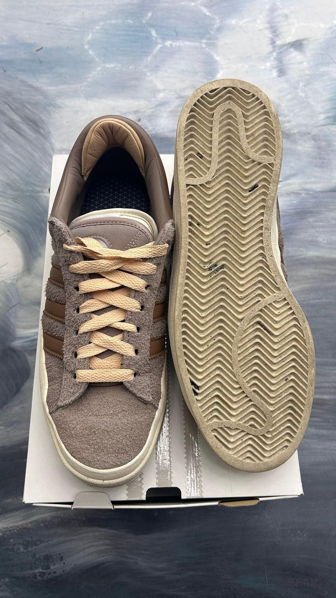 Pre-owned ADIDAS Campus Bad Bunny Chalky Brown size 11.5 suede sneakers with peach laces and worn soles.