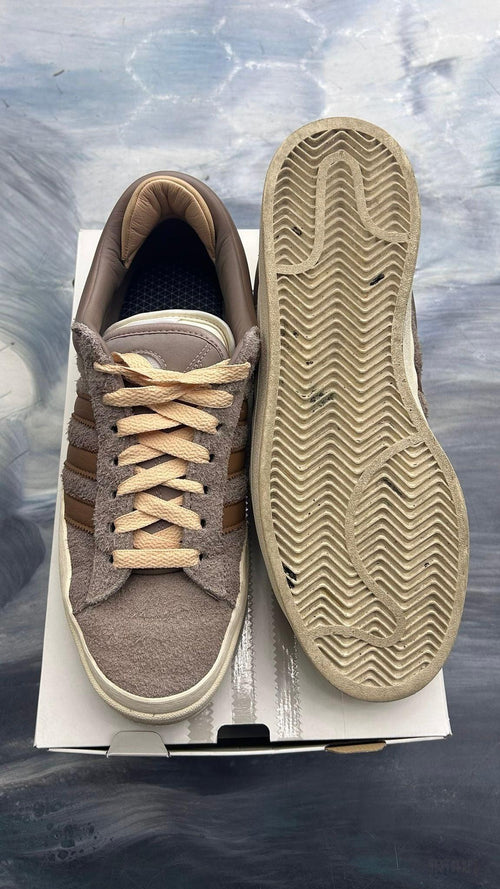 Pre-owned ADIDAS Campus Bad Bunny Chalky Brown size 11.5 suede sneakers with peach laces and worn soles.