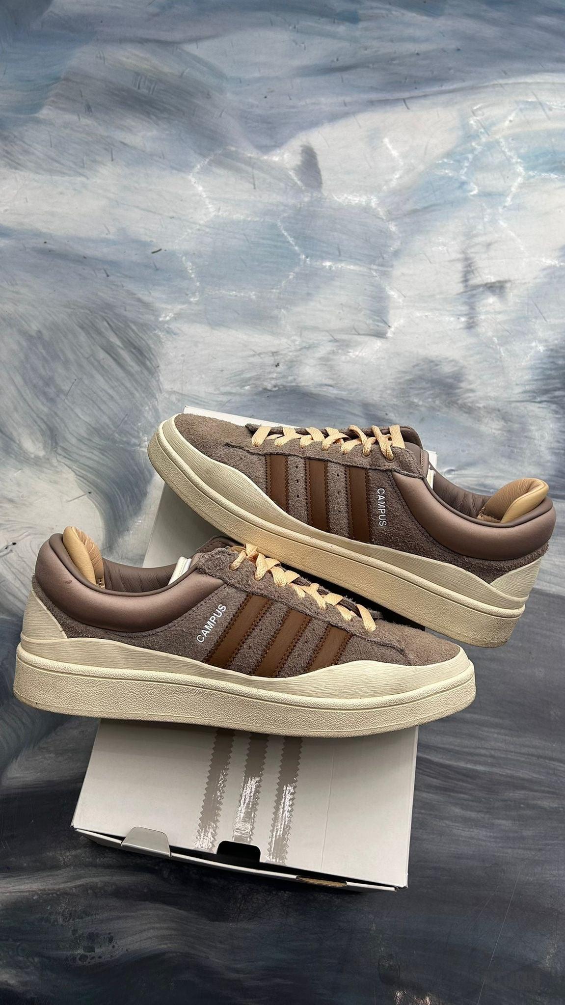 Pre-owned Adidas Campus Bad Bunny Chalky Brown sneakers, size 11.5, with suede upper and cream sole.