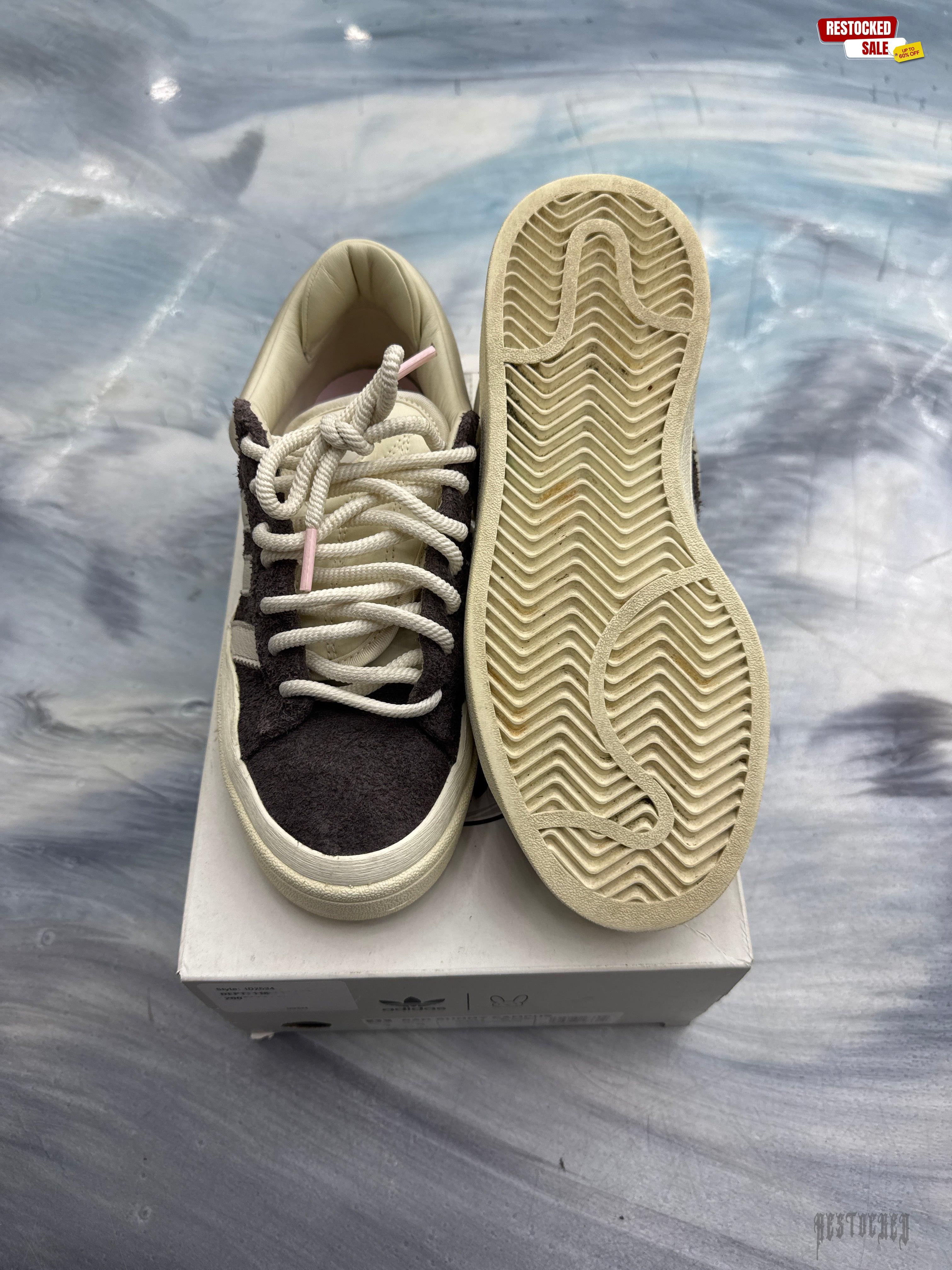 Pre-owned Adidas Campus Bad Bunny The Last Campus size 4, dark brown suede with white laces and sole.