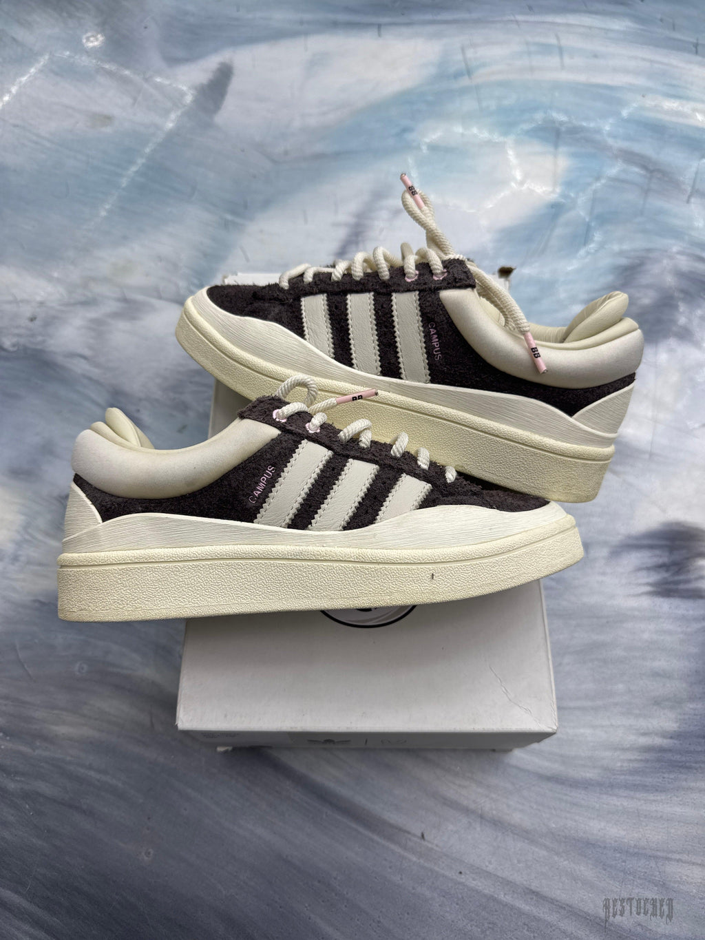 Pre-owned Adidas Campus Bad Bunny The Last Campus size 4, dark brown suede with cream stripes and soles.