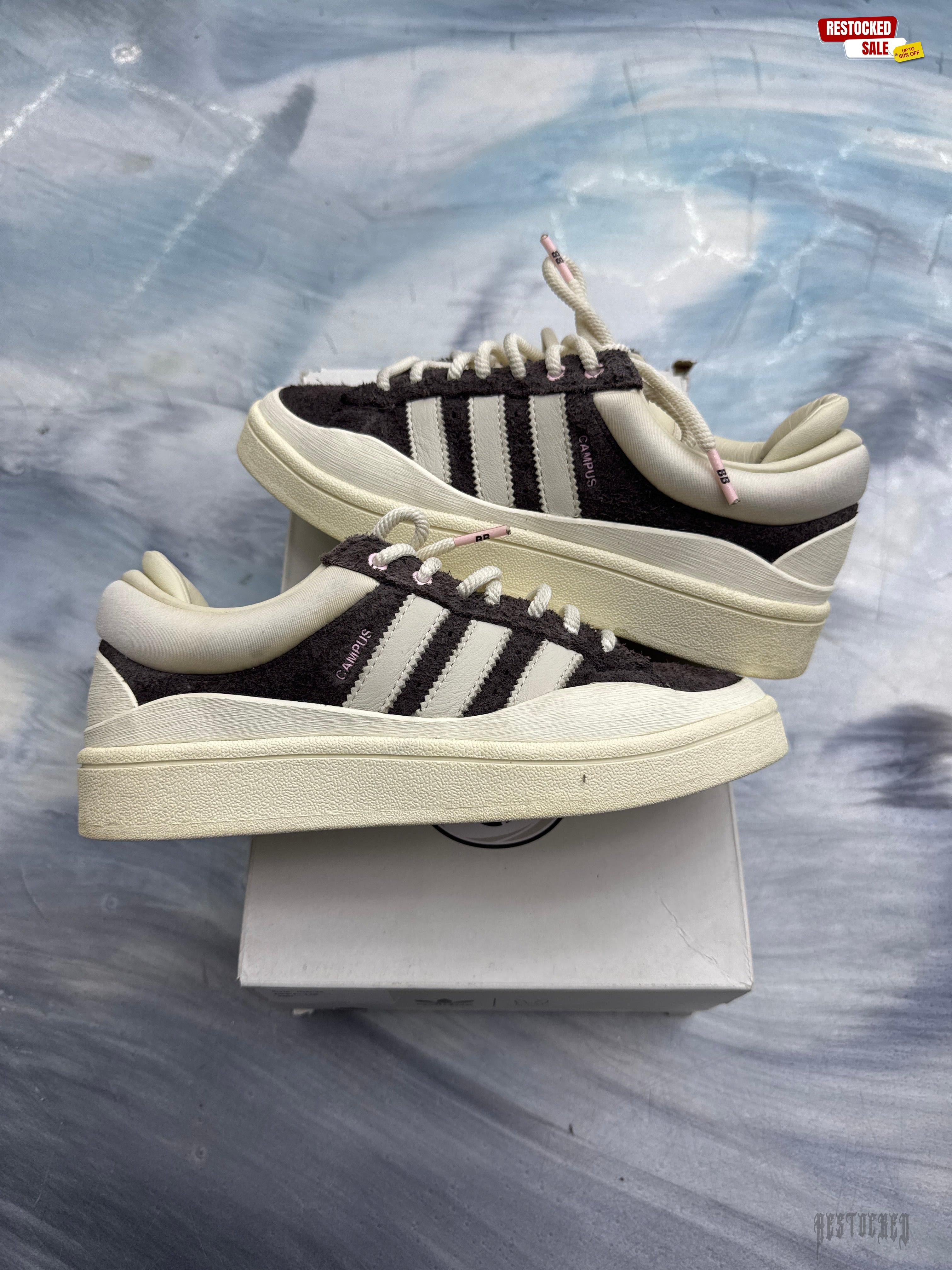 Pre-owned Adidas Campus Bad Bunny The Last Campus size 4, dark brown suede with cream stripes and soles.