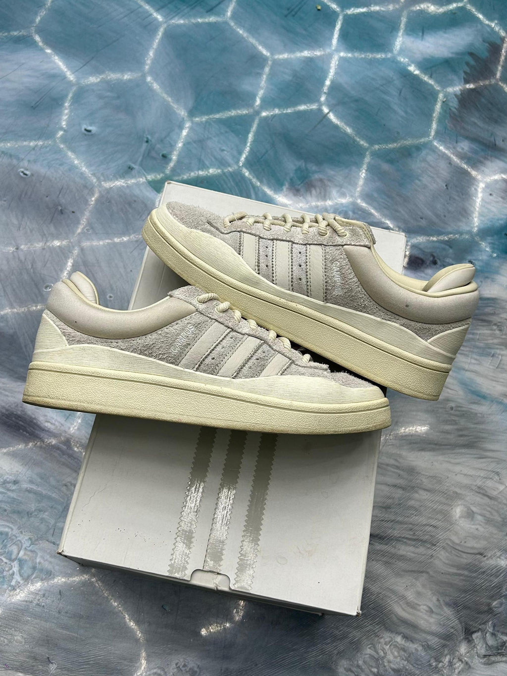 Pre-owned Adidas Campus Light Bad Bunny cream sneakers, size 6.5, with suede upper and thick cream sole.
