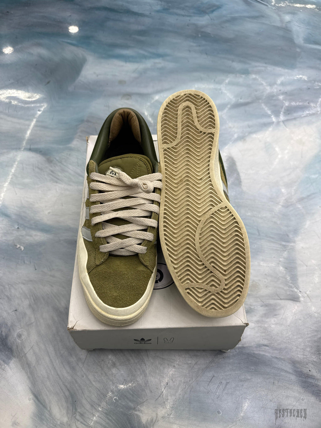 Pre-owned Adidas Campus Light Bad Bunny Wild Moss sneakers, size 9.5, with green suede and cream laces.