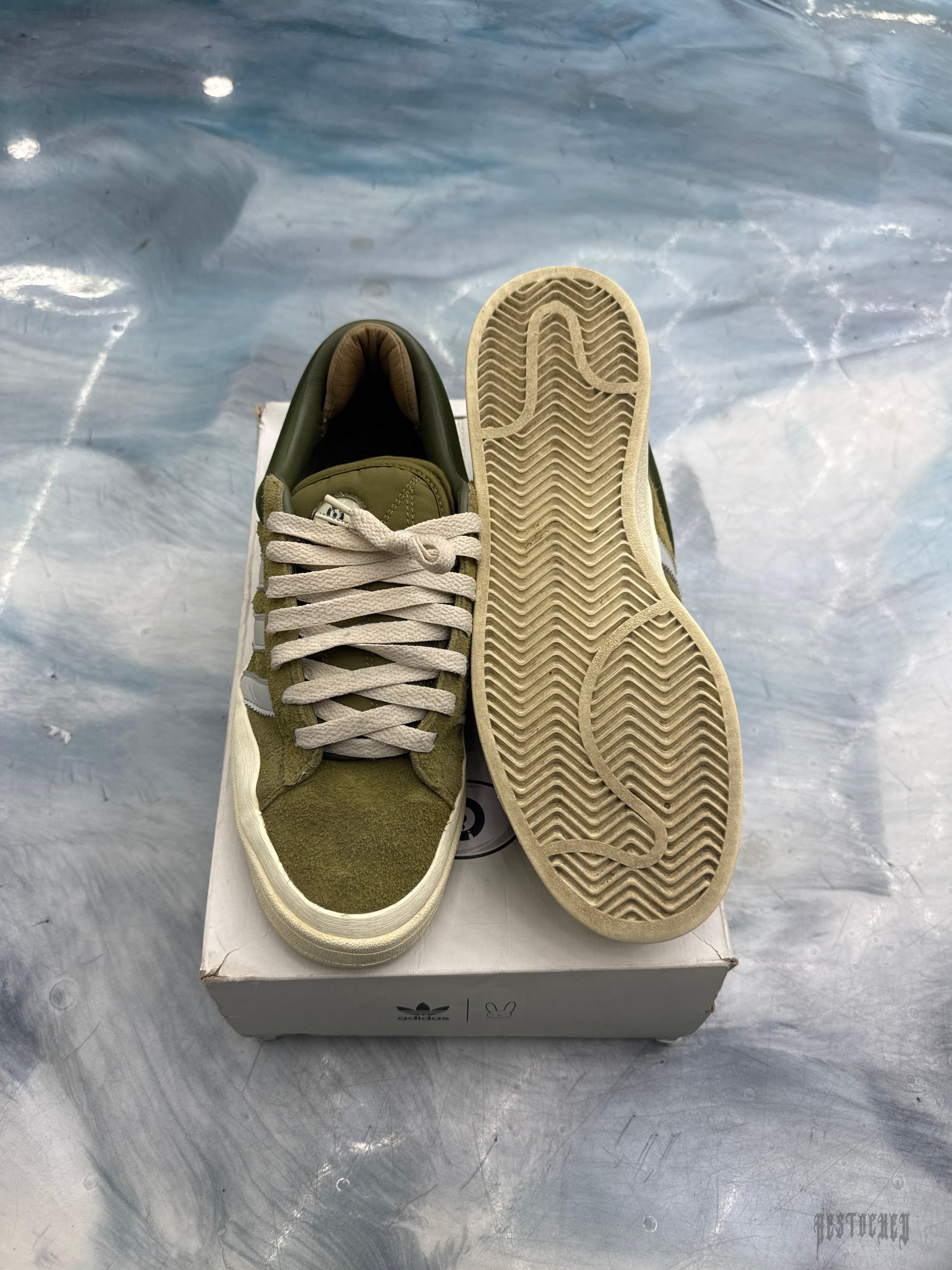 Pre-owned Adidas Campus Light Bad Bunny Wild Moss sneakers, size 9.5, with green suede and cream laces.
