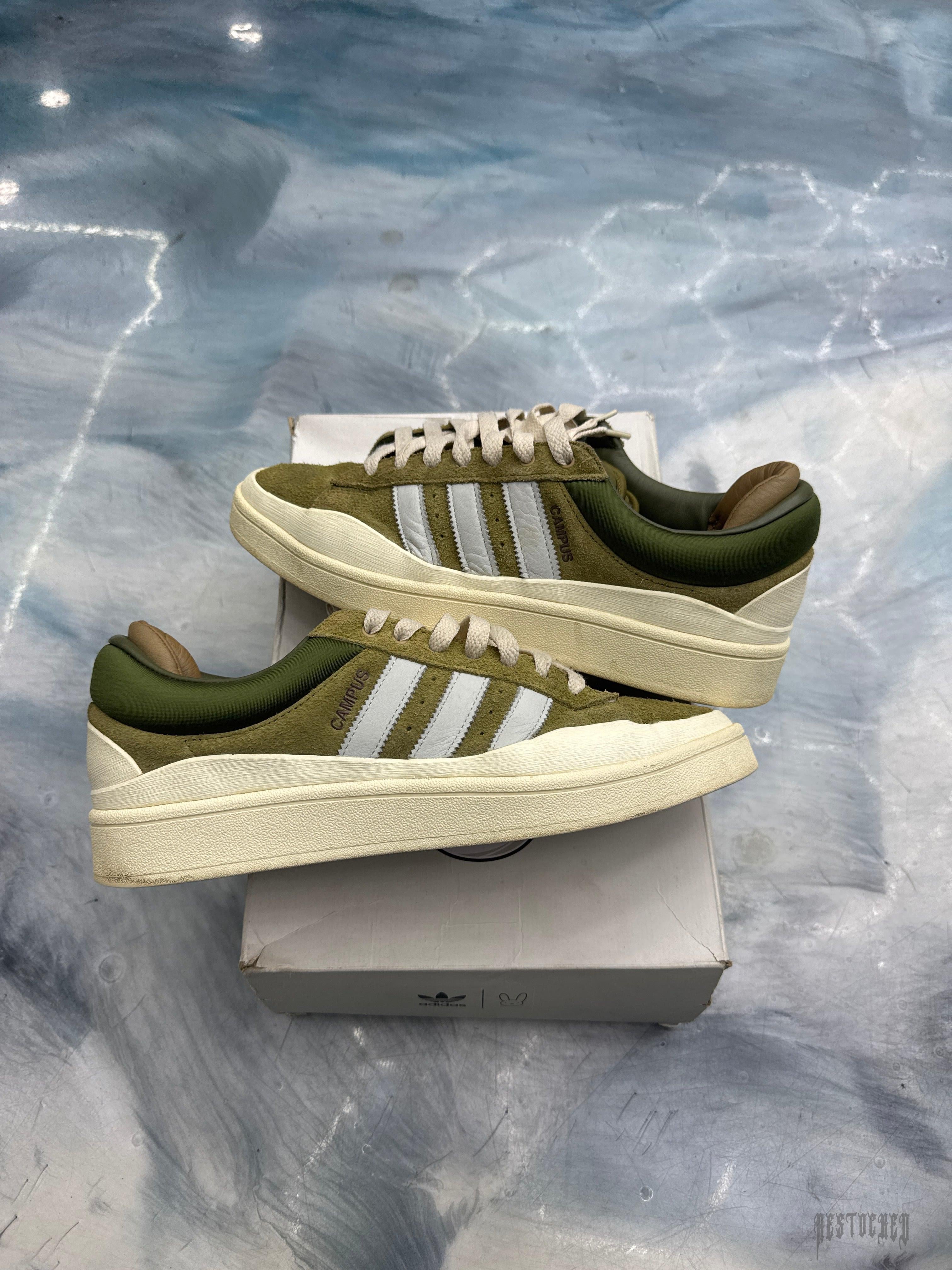 Pre-owned Adidas Campus Light Bad Bunny Wild Moss sneakers, size 9.5, with green suede and white stripes.