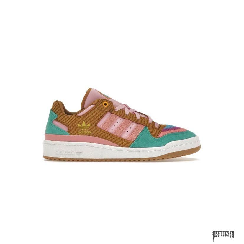 Adidas Forum Low The Simpsons Living Room sneaker with brown corduroy, pink suede, and teal accents.