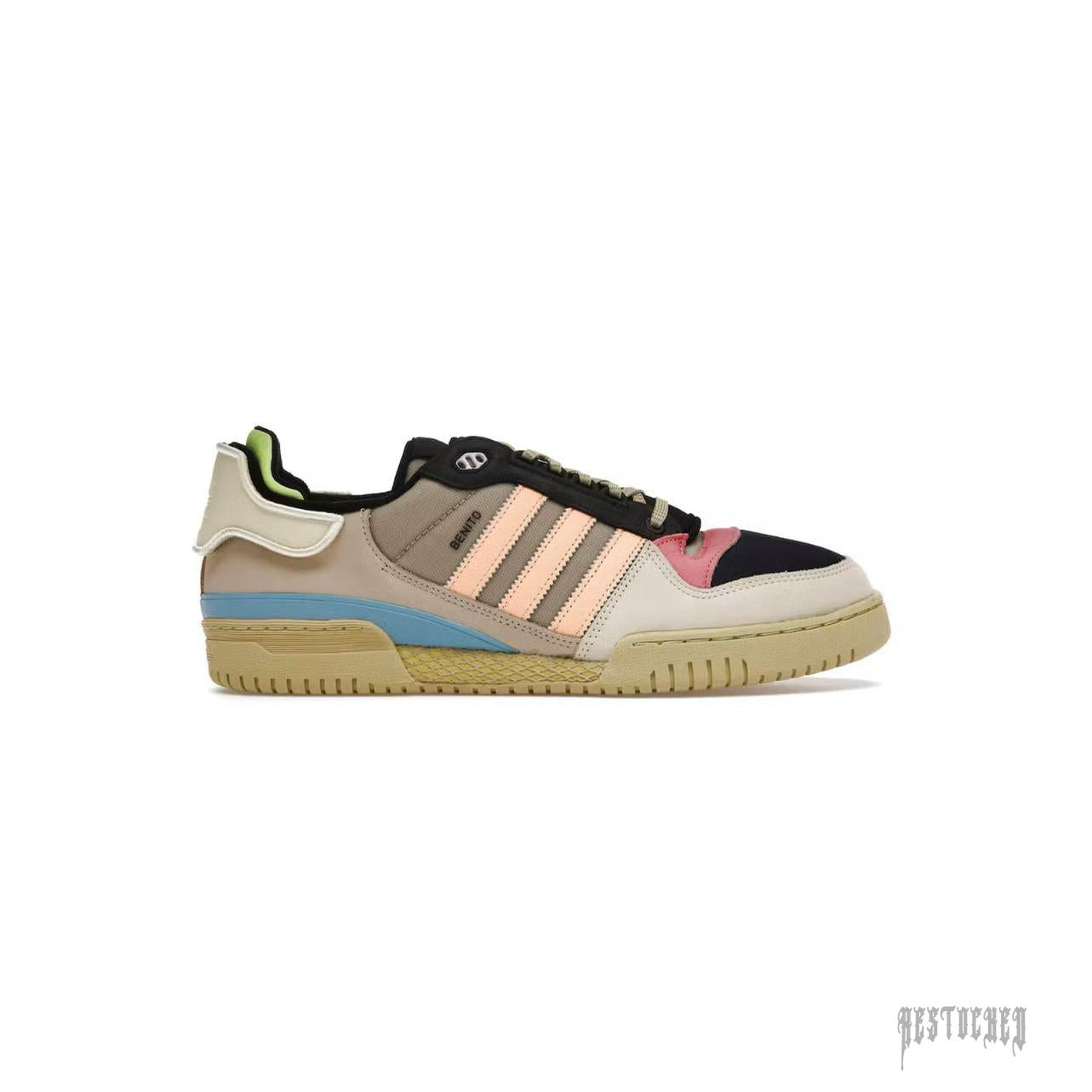 Adidas Forum Powerphase Bad Bunny "Benito" sneaker with multi-color suede and leather, tan sole, and peach stripes.