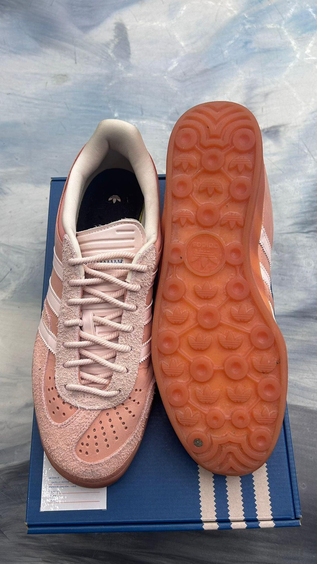 Pre-owned Adidas Gazelle Indoor Bad Bunny Cabo Rojo, size 12, pink suede upper, white stripes, and orange gum sole.