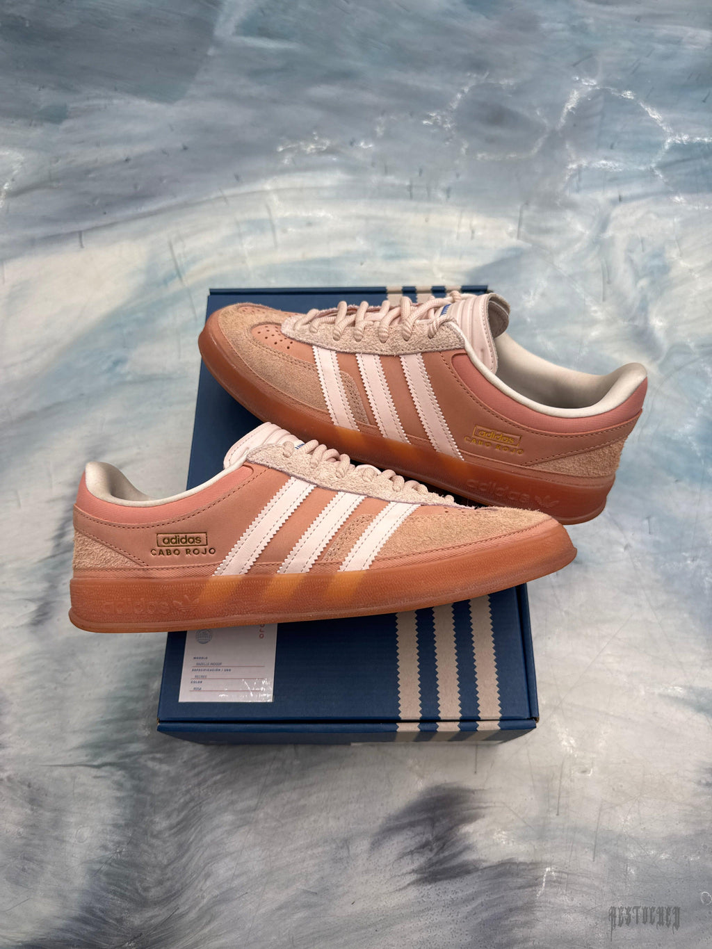 Adidas Gazelle Indoor Bad Bunny Cabo Rojo pre-owned size 9, pink suede with white stripes, gum sole.