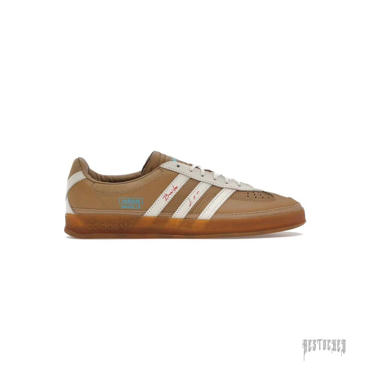 Adidas Gazelle Indoor Bad Bunny Messi "La Voz De Los Fans" in brown suede with white stripes and gum sole.