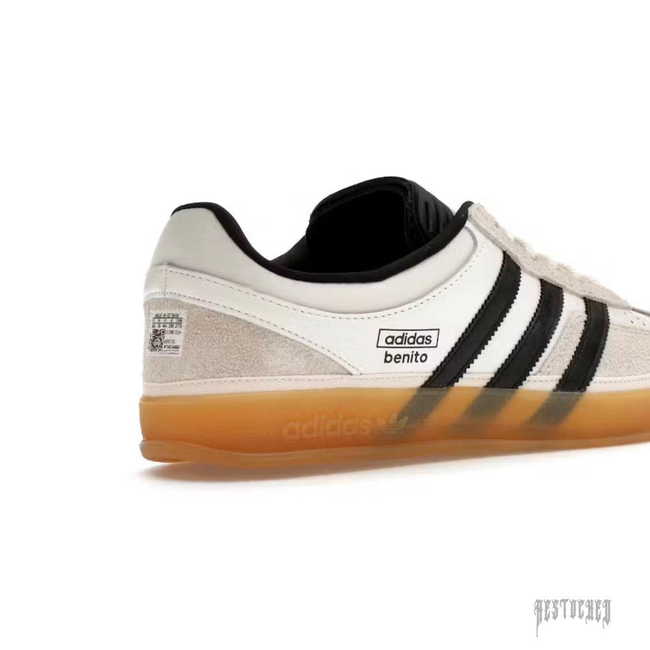 Adidas Gazelle Indoor Bad Bunny "Core White" sneaker with black stripes, suede overlays, and a gum sole.